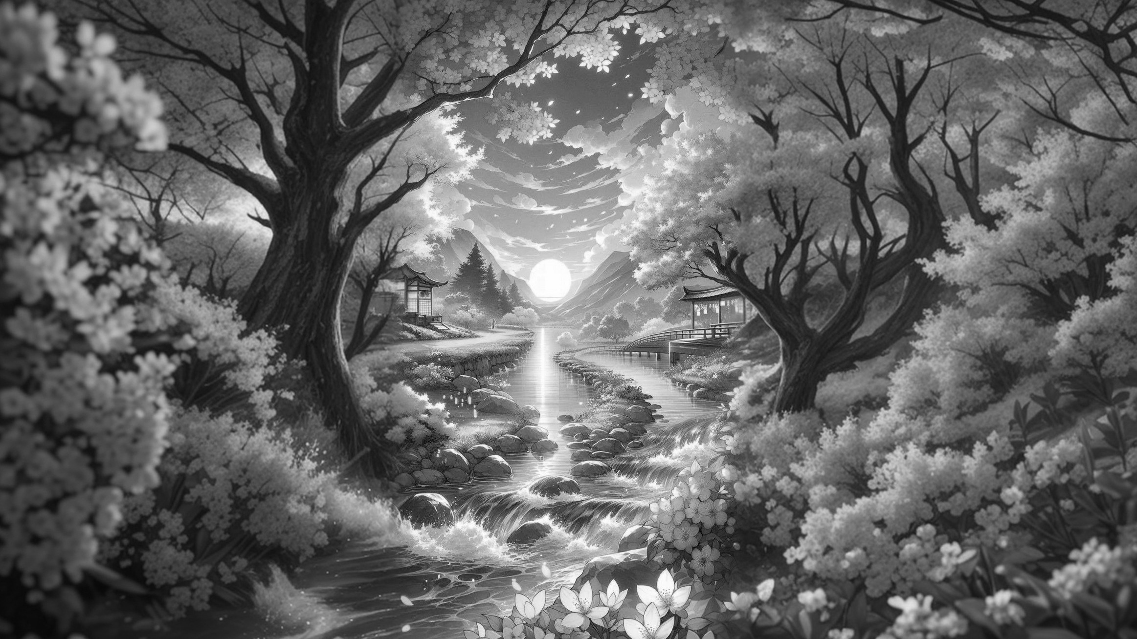The world before color returns — fully desaturated landscape.