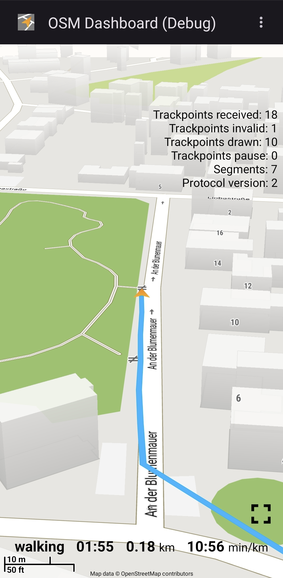 Tilted 3-D view of a recorded track over Mapsforge tiles.