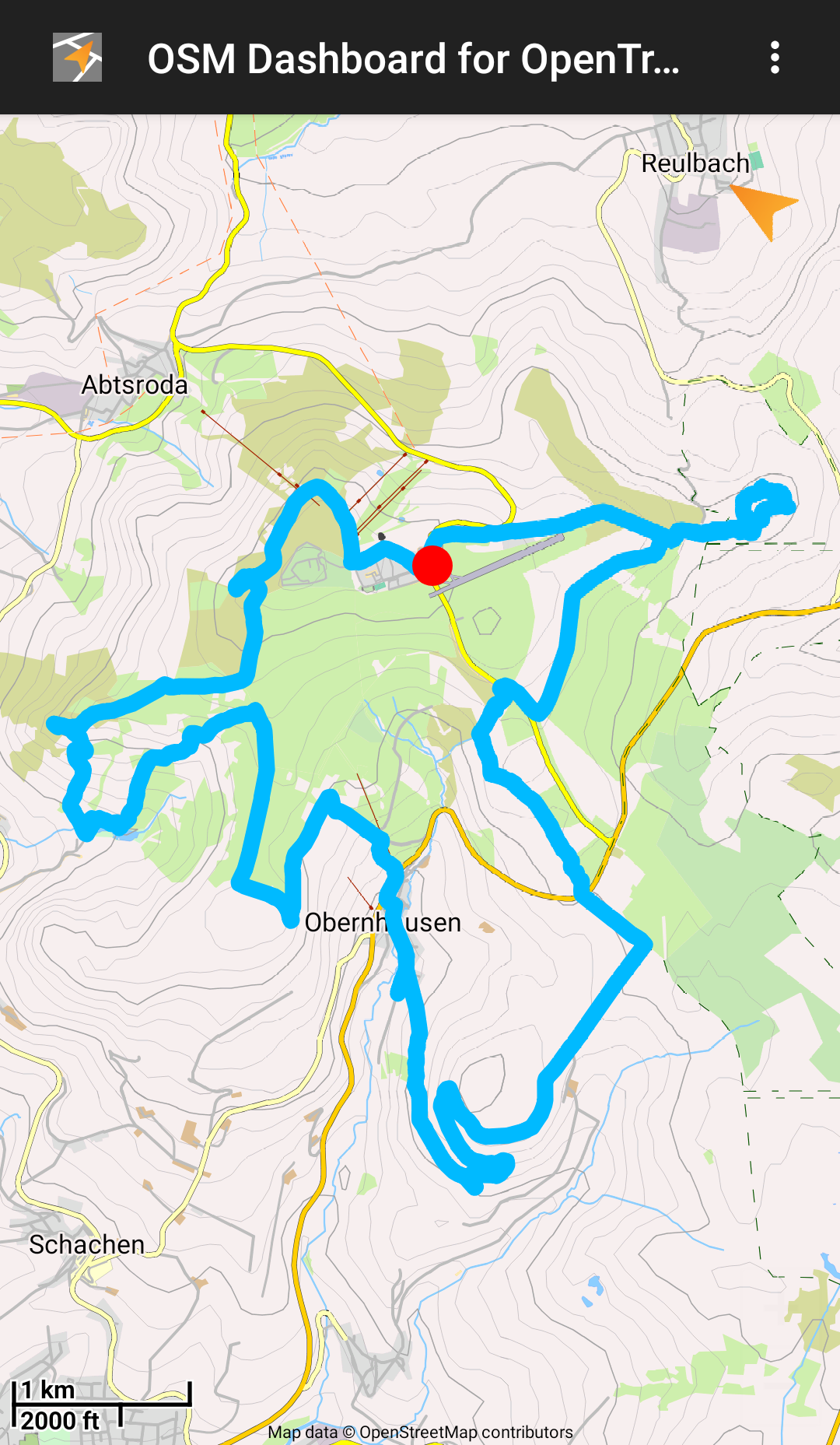 Single recorded track plotted on an offline OSM tile.