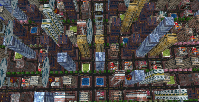 Top-down view of the procedurally generated city in daylight.