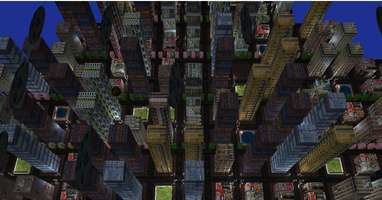 Same city at night with street lamps illuminating the streets.